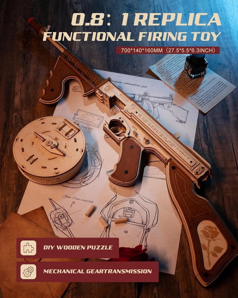 ROKR Thompson Submachinegun Model 3D Wooden Puzzle Mechanical Kit Teen Xmas Gift - Image 3 of 4