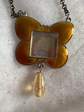 Christmas Ornament Mini Picture Frame Amber Metal Butterfly Enamel Border Glass