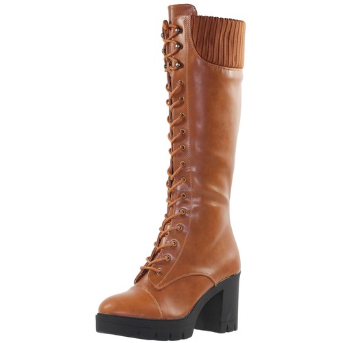 SOBEYO Knee High Boots Combat Lace Up Chunky Heel Knitted Cuff Side Zip Brown PU - 第 2/8 張圖片