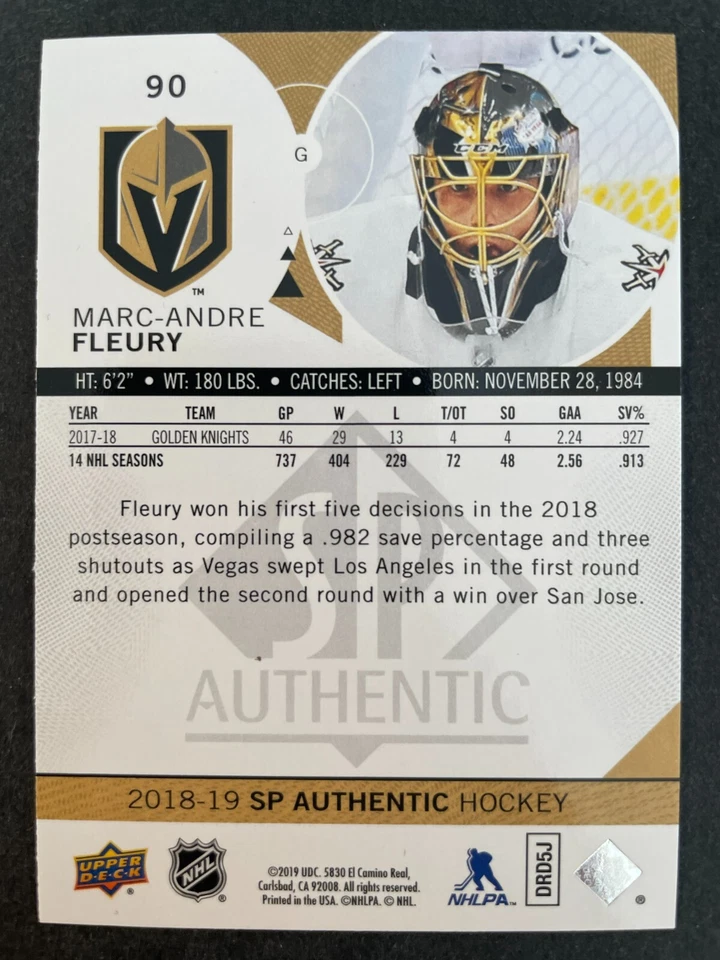 Marc-Andre FLEURY 2018-19 Upper Deck SP Authentic Hockey #90 Vegas Golden Knight - Image 2 of 2