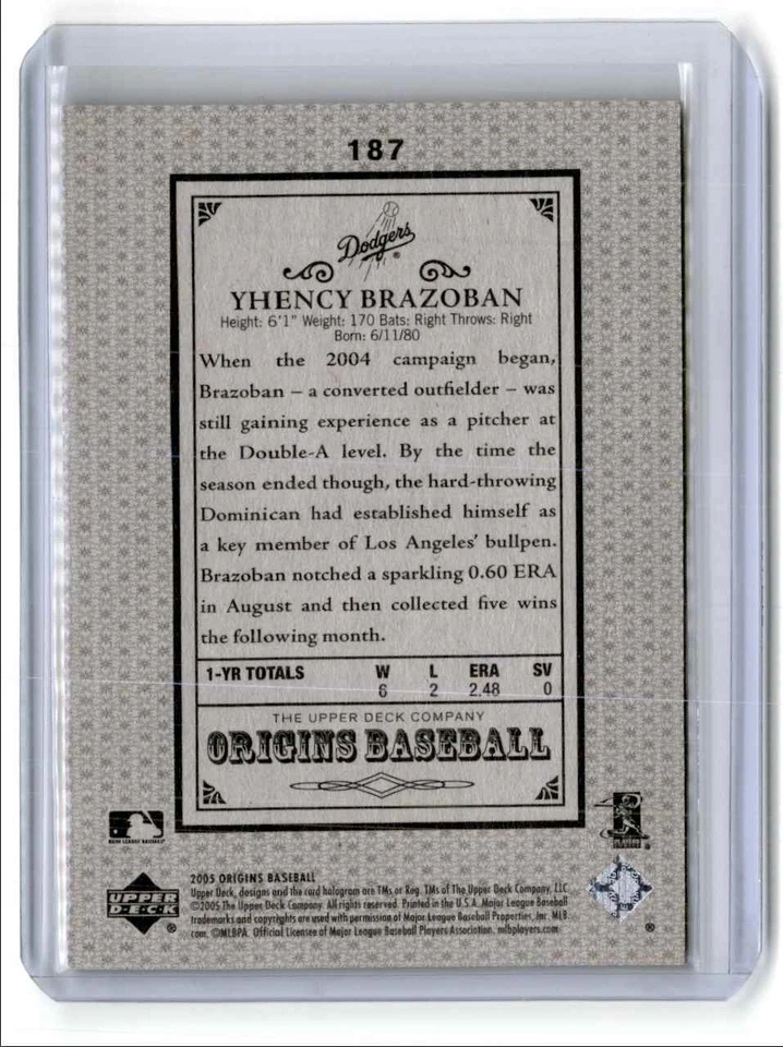 2005 UD Origins Old Judge Gold Yhency Brazoban 14/20 Los Angeles Dodgers #187 - Image 2 of 2