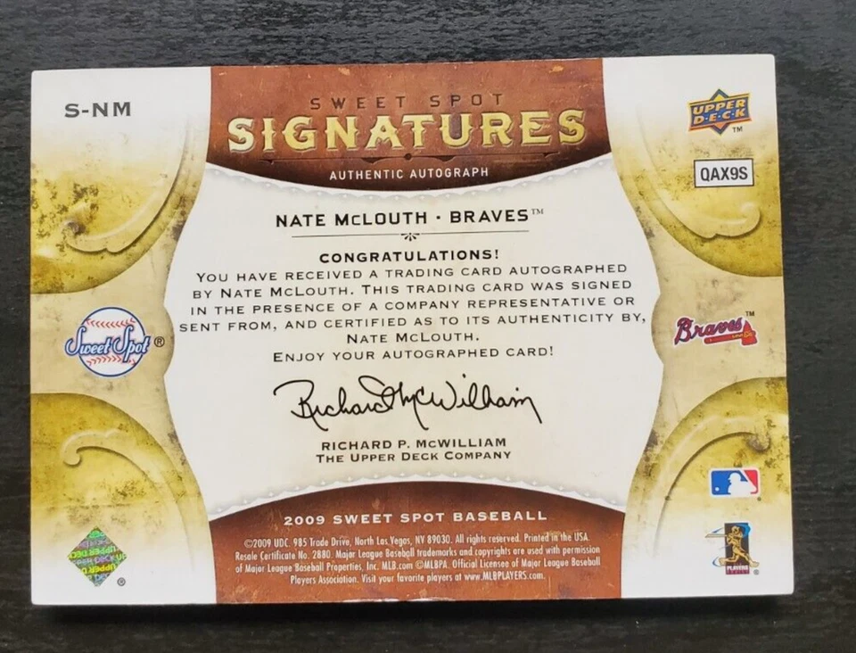2009 Sweet Spot Nate McLouth Sweet Spot Signatures 6/300 #S-NM Braves - Image 2 of 2