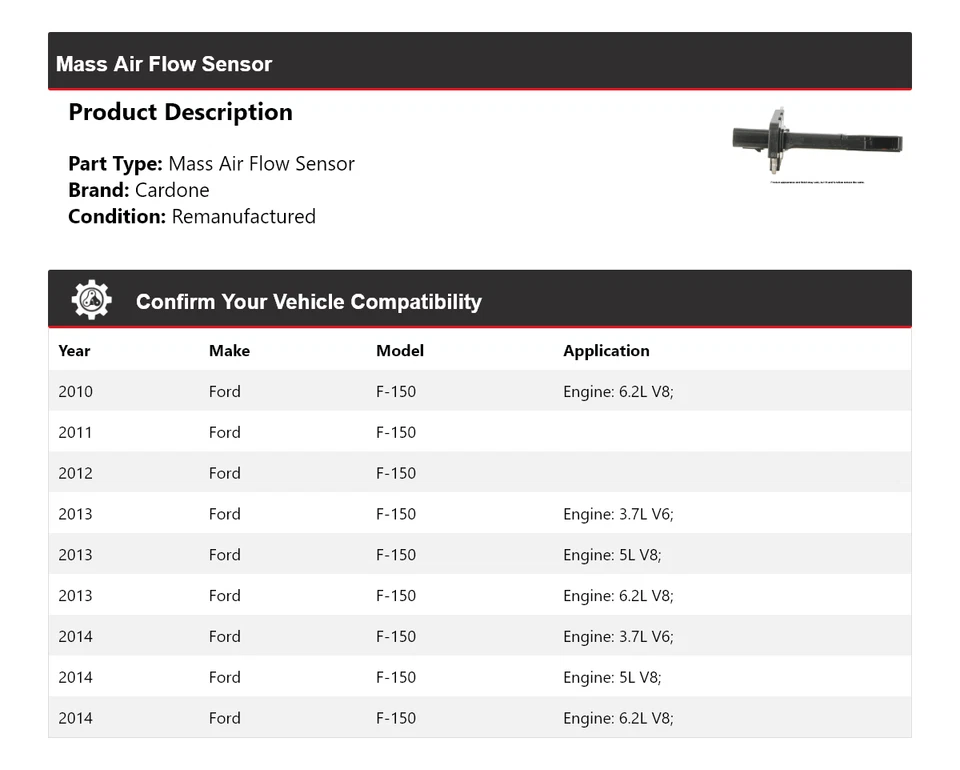 Sensor de flujo de aire masivo Cardone 2011 2012 2013 para Ford F-150 2010-2014 Foto 2 de 4