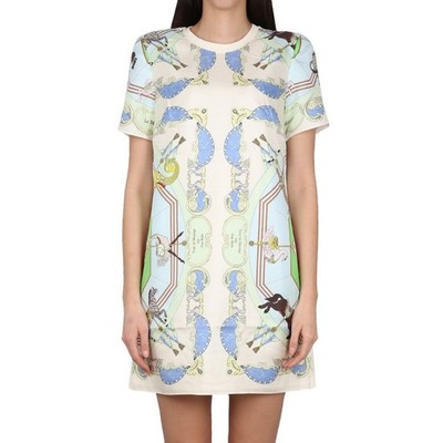 Tory Burch Carousel T Shirt Tee Mini Dress Silk Front Animal Blue Carnival XS