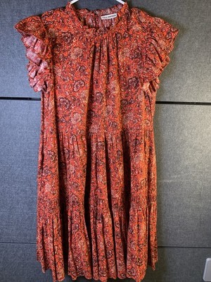 Ulla Johnson Orange/Purple Floral V-Neck Ruffle Flutter Sleeve Midi Dress 6