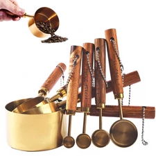 Metal Measuring Cups and Spoons Set with Acacia Wood Handle 8-Piece Kitchen Gold