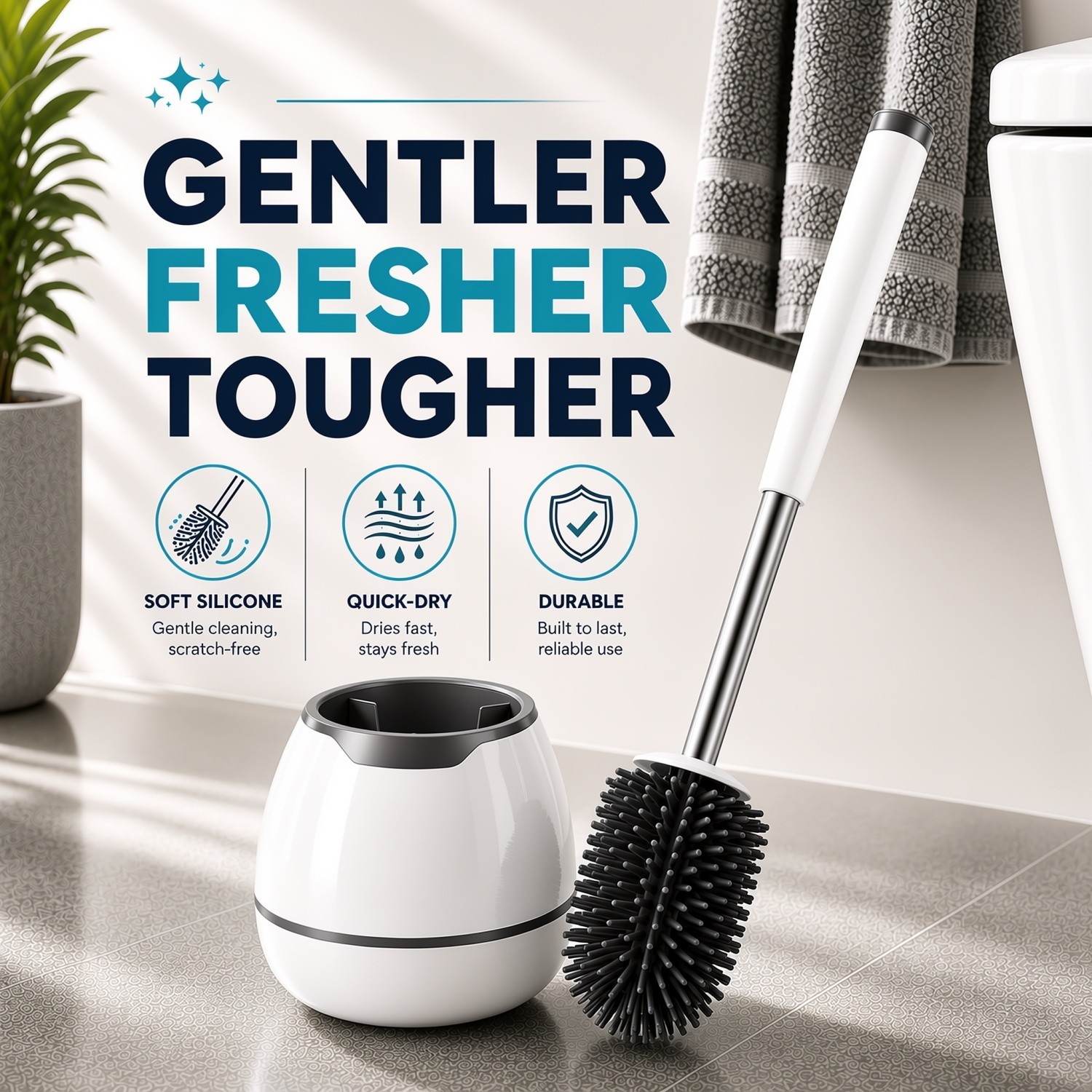 Soft Silicone Bristle Toilet Brush & Holder Bathroom WC Set Cleaning Brush NEW