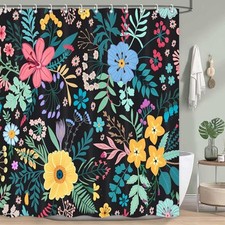 Boho Floral Shower Curtain, Colorful Flower Leaves Design for Bathroom Black