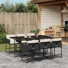 7 Piece Patio Dining Set with Cushions Black Poly Rattan