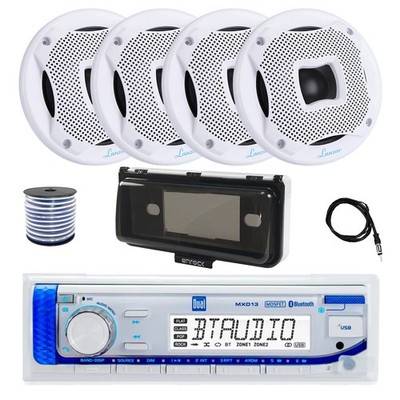 Dual Bluetooth Marine Receiver, Cover, Antenna,Wire, 4x 6.5'' 450W White Speaker