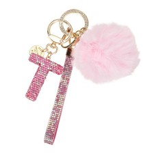 Initial Letter t Keychain with Pom and Rhinestone Wristlet, Pink