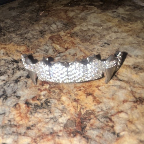 Silver Tone Rhinestone Dental Grillz, White Round Stones, Fang Style