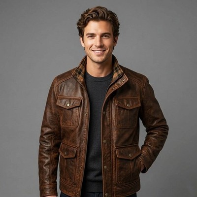 Mens Vintage Distressed Brown Genuine Leather Cafe Racer Biker Motorcycle Jacket
