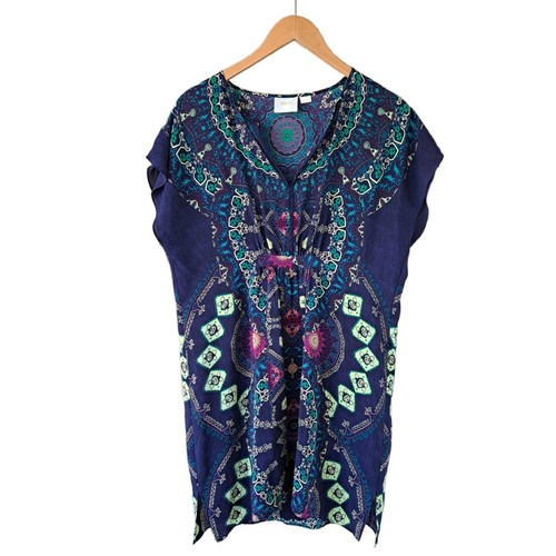 Anthropologie Maeve Silk Medallion Mini Caftan Tunic Dress Size Small Blue Multi - Picture 10 of 11