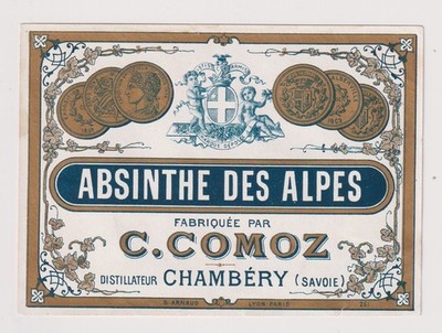 Ancienne étiquette d'alcool - C.Comoz Chambéry - Absinthe des Alpes
