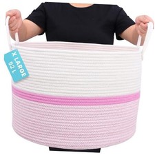 Large Woven Storage Basket for Blankets and Toys 20" x 13" Wide Striped Pink