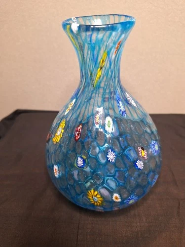 Vintage Blue Murano Glass Vase Featuring A Millefiori Pattern