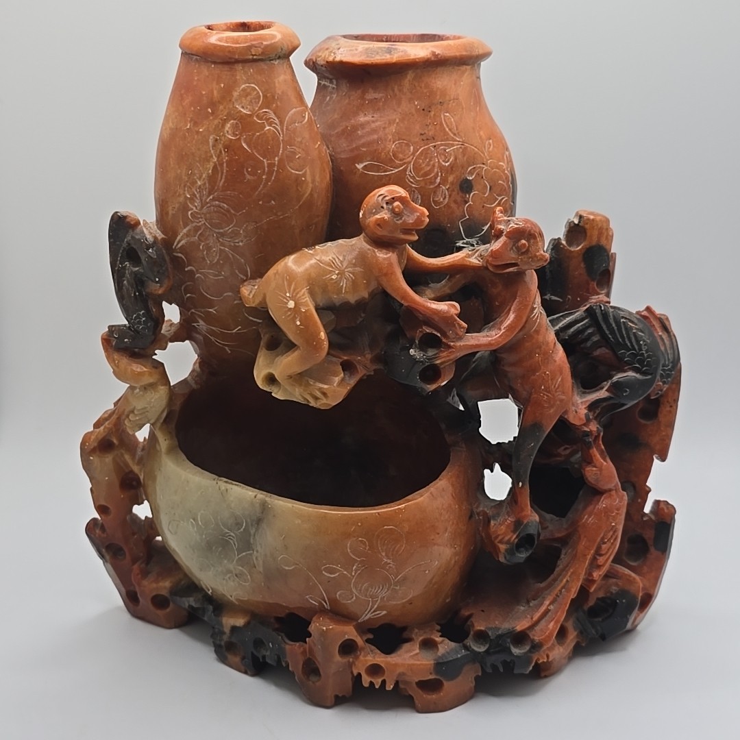 Vintage Chinese Carved Soapstone Sculpture Vase Animals 7