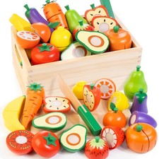 Wooden Play Food for Toddlers, Fruit and Veggies Cutting Set for Kids, Preten...