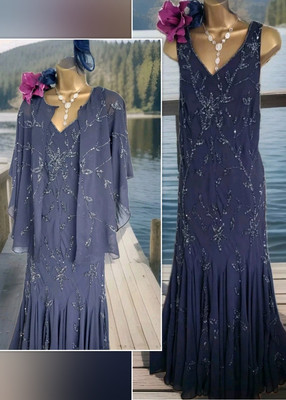 Chesca Navy Blue beaded 20s gatsby Evening wedding Mother dress Top Jacket  16 18 UK