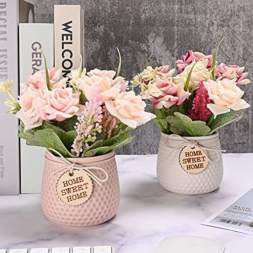 Artificial Flowers with Vase, 2pcs Silk Roses in Pot, Fake Flowers Pink - Picture 4 of 8