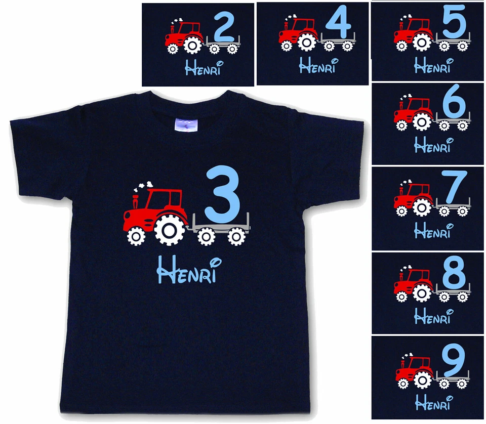 Geburtstag T Shirt Traktor und Zahl 2 3 4 5 6 7 8 9 mit Wunschnamen NEU