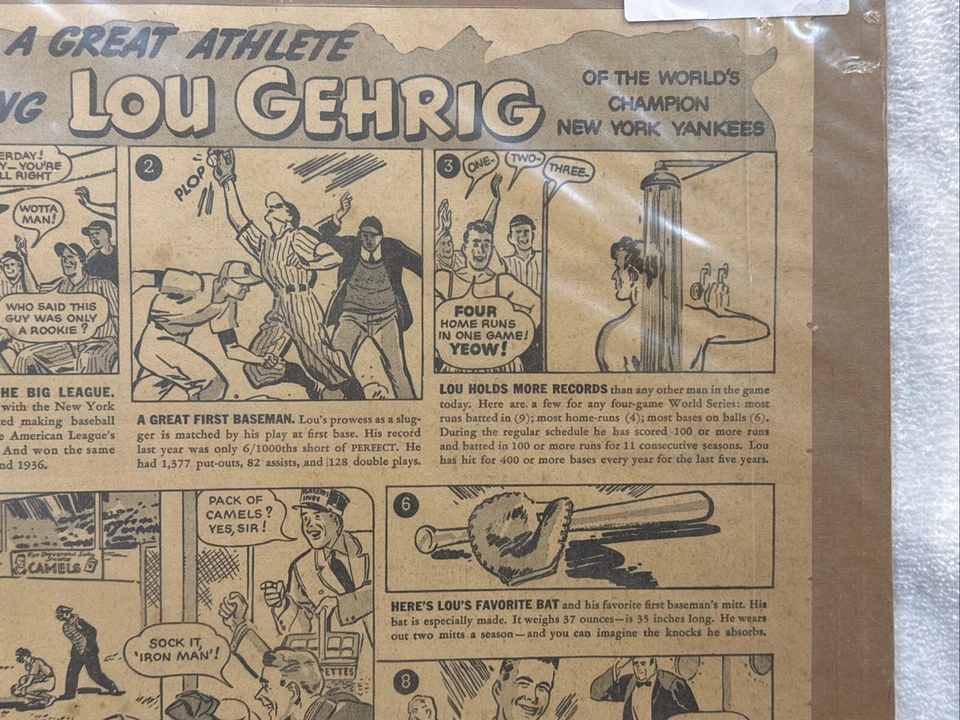 罕见 1937 年 Lou Gehrig 骆驼报纸广告/卡通,纽约洋基队,很棒! — 第 3/4 张图片