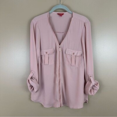 Guess Pastel Pink Rose Gold Zip Front Roll Tab Sleeve Blouse Large 