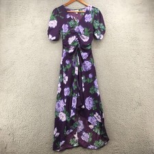 A New Day Midi High Low Dress Womens XS Navy Floral V-Neck Crepe Purple NEW