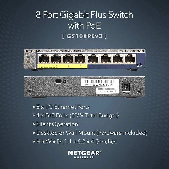 NETGEAR ProSafe 8-port (4-port PoE) Gigabit Switch GS108PEv3, Used - Image 2 of 2