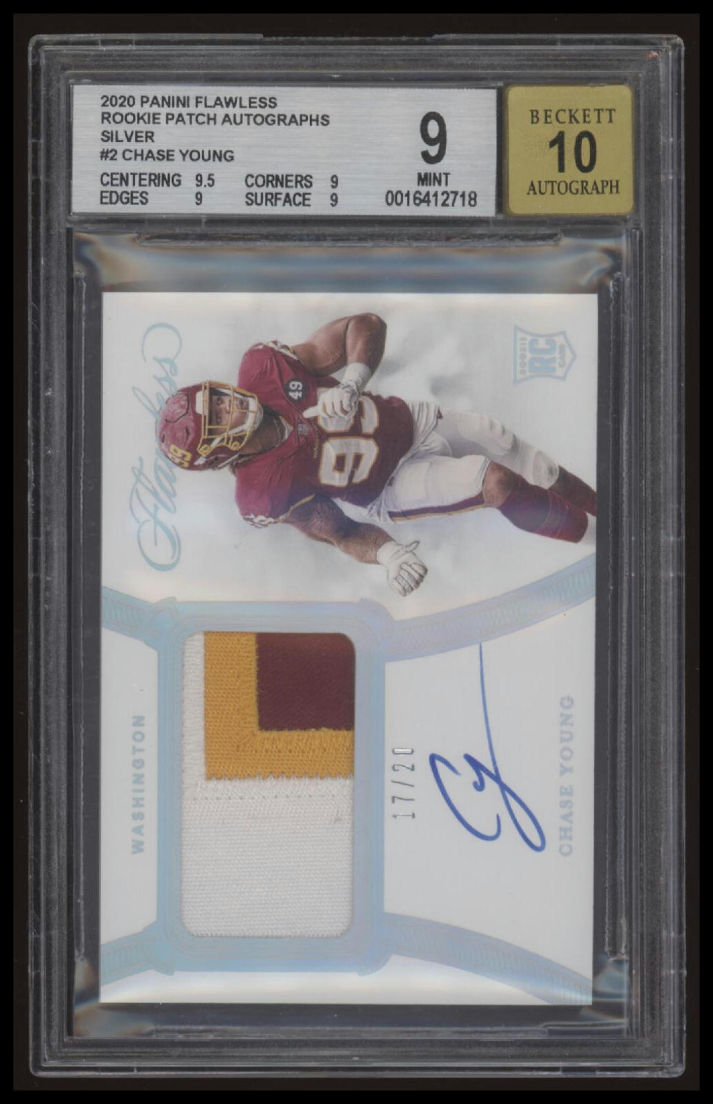 2020 Panini Flawless #RPA-CYO Chase Young Silver Rookie Patch /20 Auto 10 BGS 9
