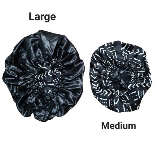Medium Black African Print Reversible Satin Bonnet W/ Elastic Band - Bild 3 von 7