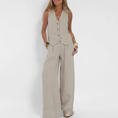 Women's suit jacket vest/top+pants new patchwork cotton linen casual set - Bild 16 von 34