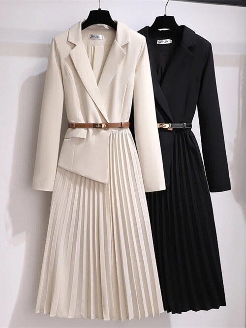 Long Dress Belt Patchwork One Piece Blazer Dress Women Office Long
