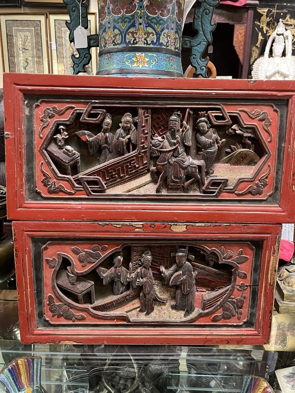 PAIR OF ANTIQUE CHINESE WOOD CARVED PANELS