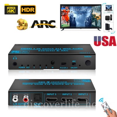 4K 60Hz HDMI 2.0 Audio Extractor, 3X1 Switcher Support 5.1Ch Audio ARC Switch US
