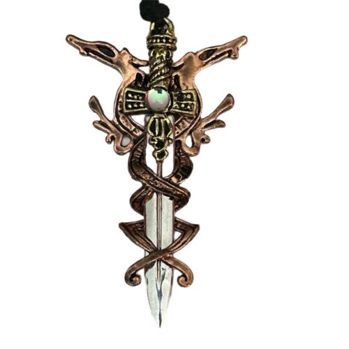 Double Dragon Sword Pendant 3" Cord Necklace Medieval Fantasy Gothic Brutalist - Picture 1 of 12