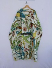 Indian White Long Bird Print Cotton Hippie Maxi Women Nightwear Caftan Dress