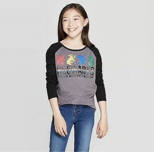 Harry Potter Girl’s T-Shirt S Small 6 Hogwarts Mascot 3/4 Sleeve Grey Black New
