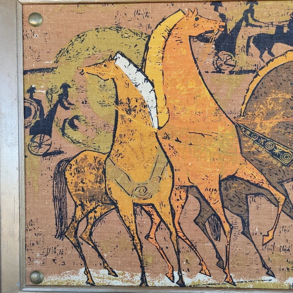 Linho etrusco MCM cavalos grego romano brutalista ouro marrom têxtil parede anos 60  - Imagem 4 de 4