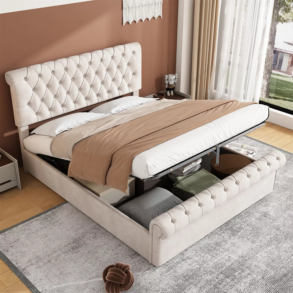 Ottoman Gas Lift Storage Bed 4ft6 Double Velvet Upholstered Bed Frame Beige
