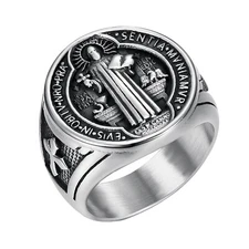 Catholic Signet St Saint Benedict Medal Ring Amulet Jewelry Biker Band Size 8-13