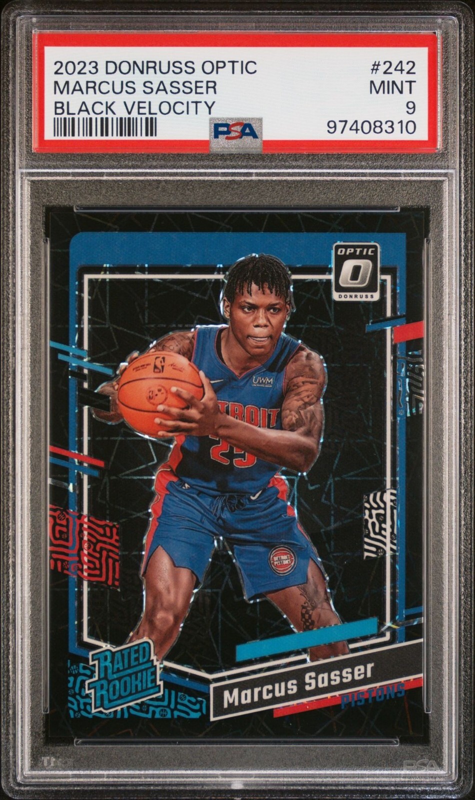 MARCUS SASSER 2023-24 Optic BLACK VELOCITY PRIZM Pistons RC /39 MINT PSA 9