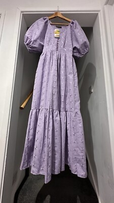 Purple  puff sleeve embroidered detail long dress