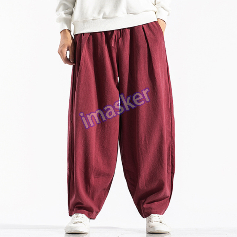 Men Linen Wide Leg Trousers Pants Plain Baggy Tapered Oversized Vintage New Red