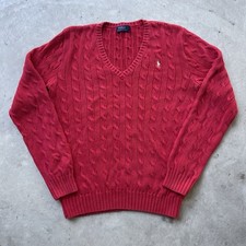 Vintage Ralph Lauren Sport Blue Sweater Cotton Cable Knit V Neck SZ XL Preppy