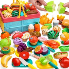 100 PCS Kids Cutting Play Food Set with Basket, Fruits Veggies Toy
