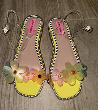 Betsey Johnson Floral Ankle Strap Flat Sandals Rhinestone Beaded Buckle 5