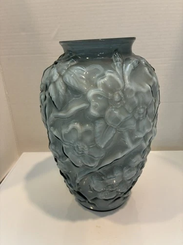 Fenton Large Dogwood Blue Grey Overlay Vase 10 1/2”
