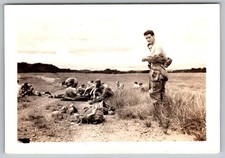 Vtg B W Snapshot Soldiers In Field With Gear Military Men WW2 Era Camp 1940s